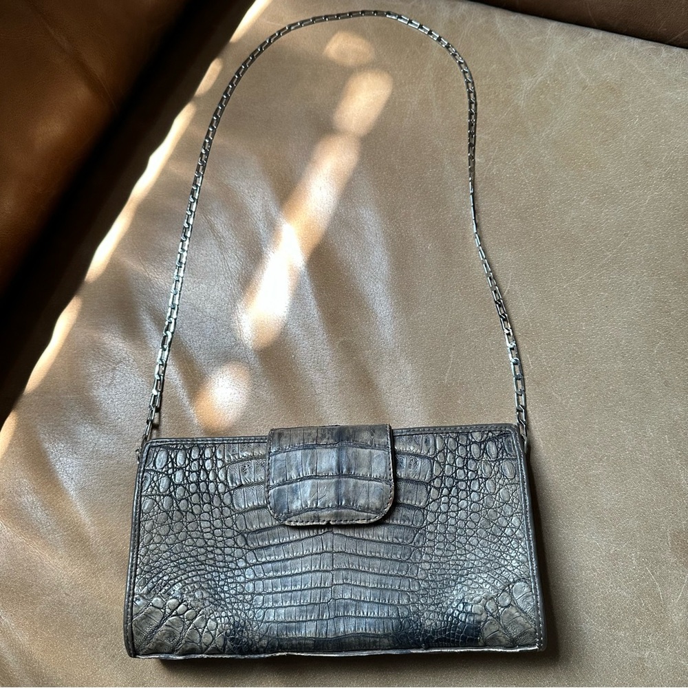 Carlos Falchi chain bag clutch vintage crocodile grey luxe snakeskin designer